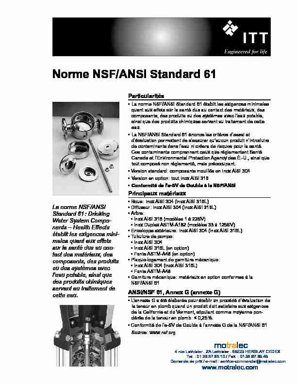 [PDF] Norme NSF/ANSI Standard 61 - Motralec