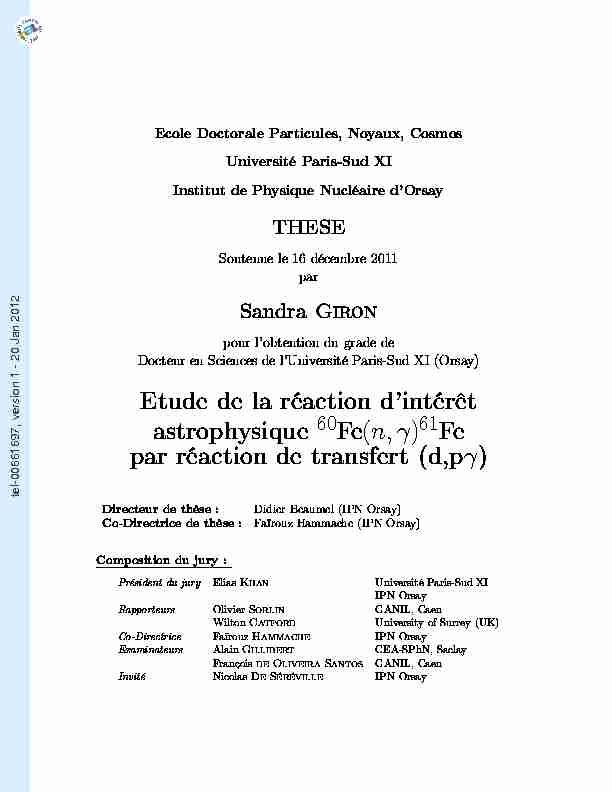 [PDF] Study of the reaction of astrophysical interest 60 Fe (n, γ) 61 Fe via