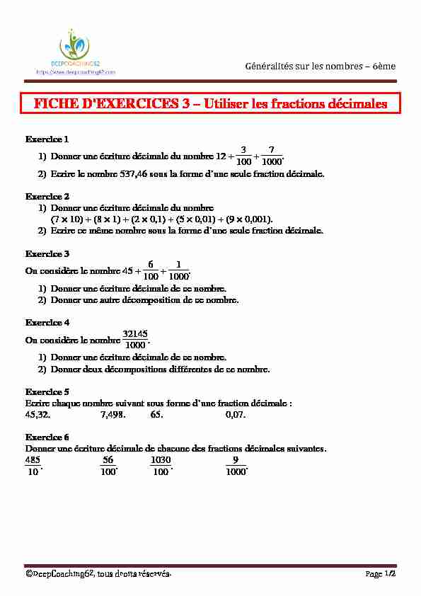 FICHE D'EXERCICES 3 – Utiliser les fractions décimales