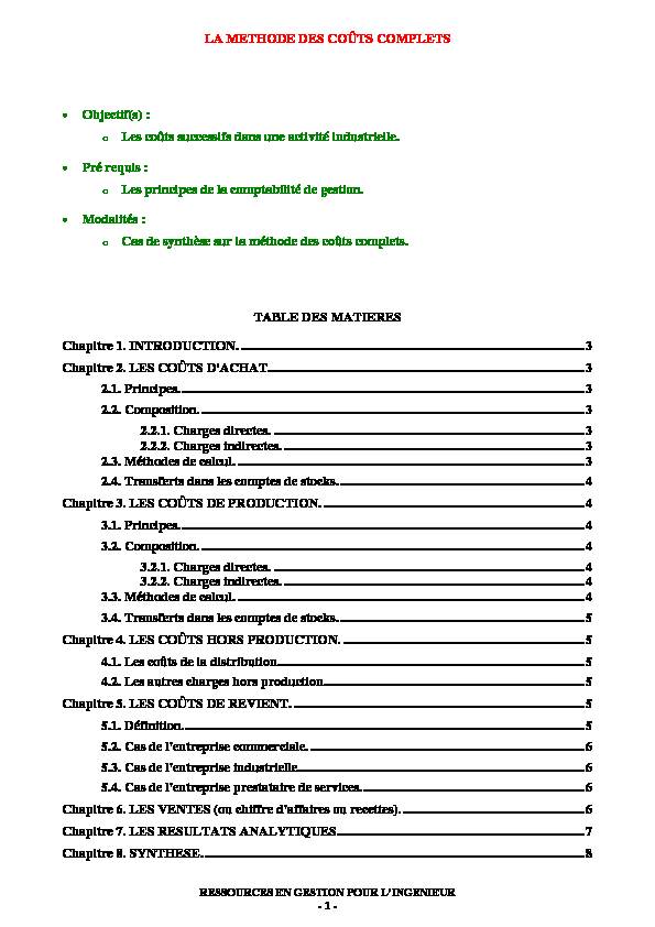 [PDF] LA METHODE DES COÛTS COMPLETS Objectif(s) : o Les coûts