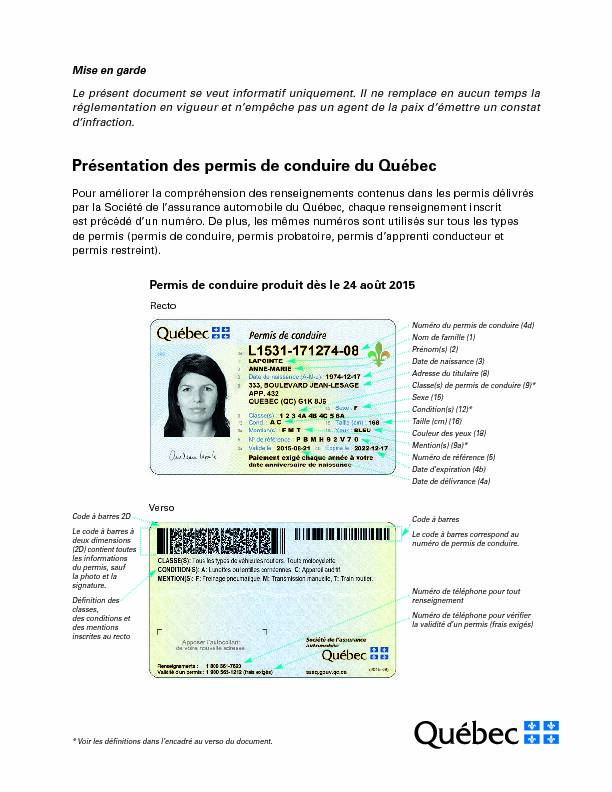 [PDF] Présentation des permis de conduire du Québec - SAAQ