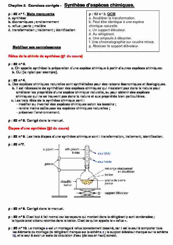 Chapitre 3. Exercices corrigés - Synthèse despèces chimiques. p