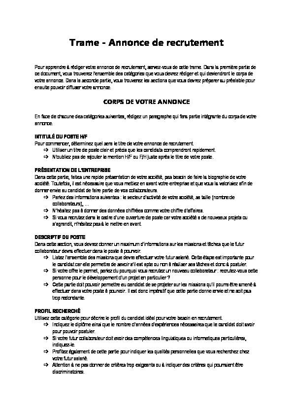 [PDF] Trame - Annonce de recrutement - Culture RH