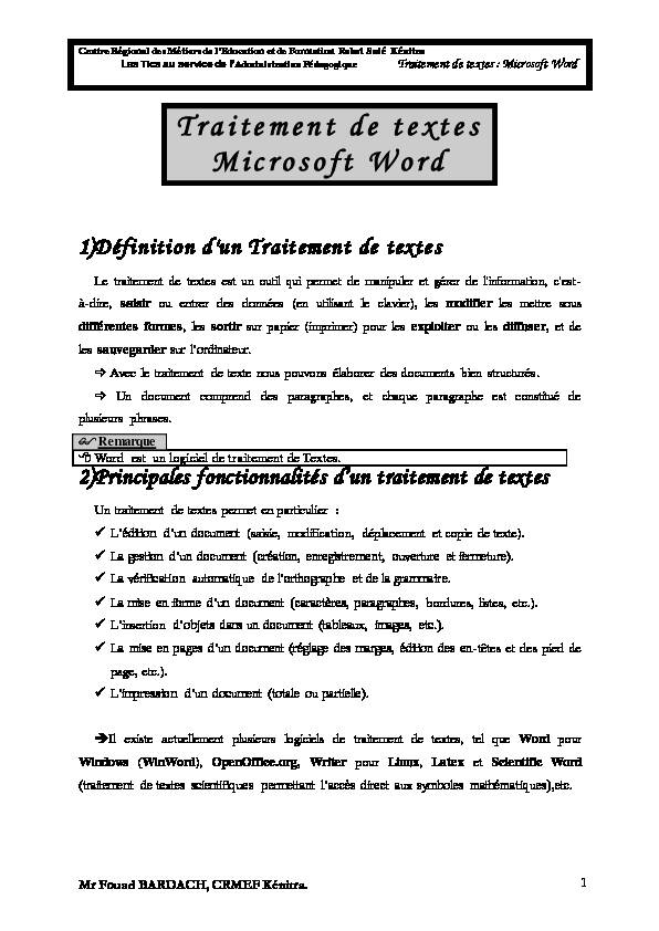 [PDF] Traitement de texte Word