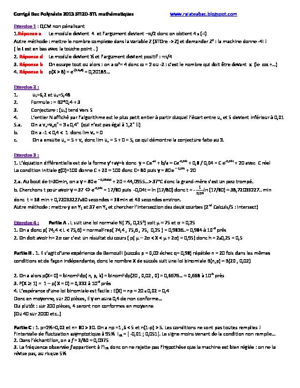 Corrigé Bac Polynésie 2013 STI2D-STL mathématiques Exercice 1