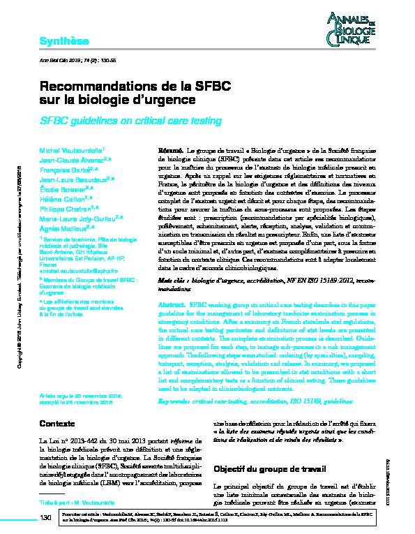 [PDF] Recommandations de la SFBC sur la biologie durgence - SFMU