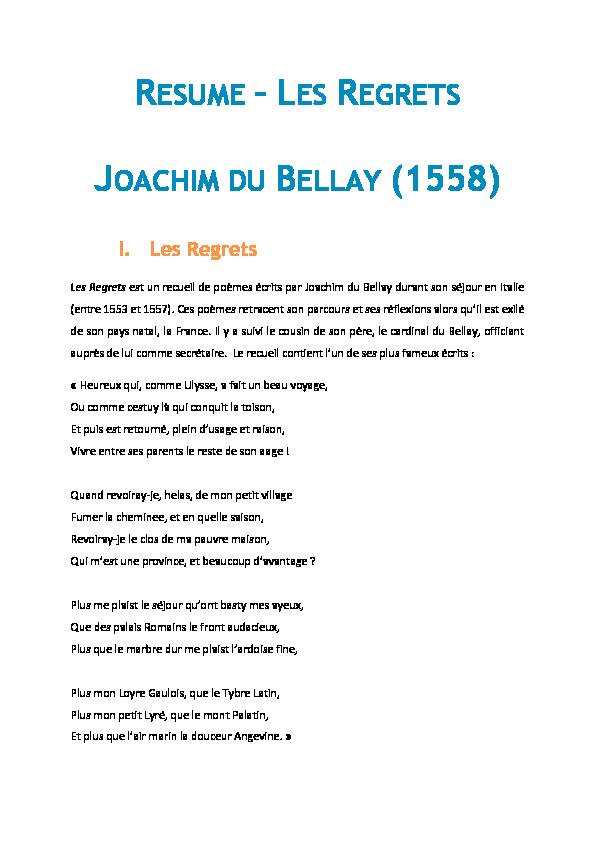 RESUME – LES REGRETS JOACHIM DU BELLAY (1558)