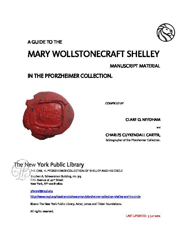 MARY WOLLSTONECRAFT SHELLEY - New York Public Library