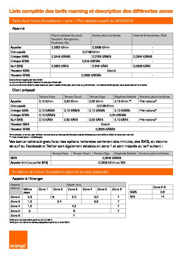 [PDF] Liste complète des tarifs roaming et description  - Orange Belgique