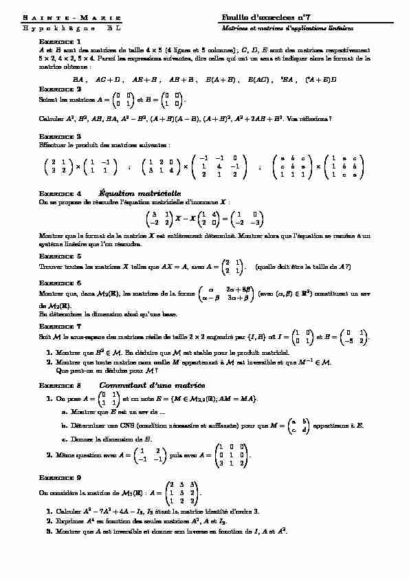 Feuille dexercices n°7 Équation matricielle Commutant dune matrice