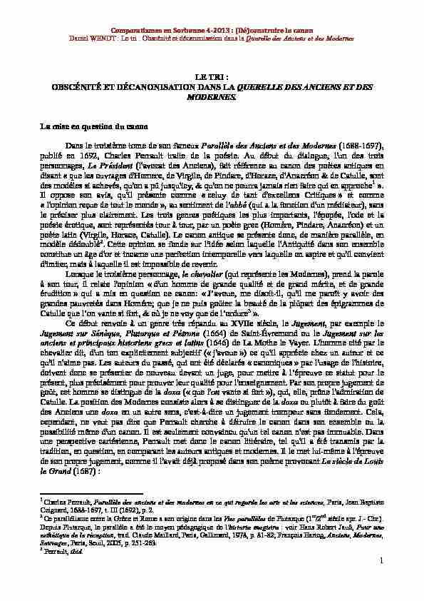 [PDF] Le tri Obscénité et décanonisation dans la Querelle des Anciens et