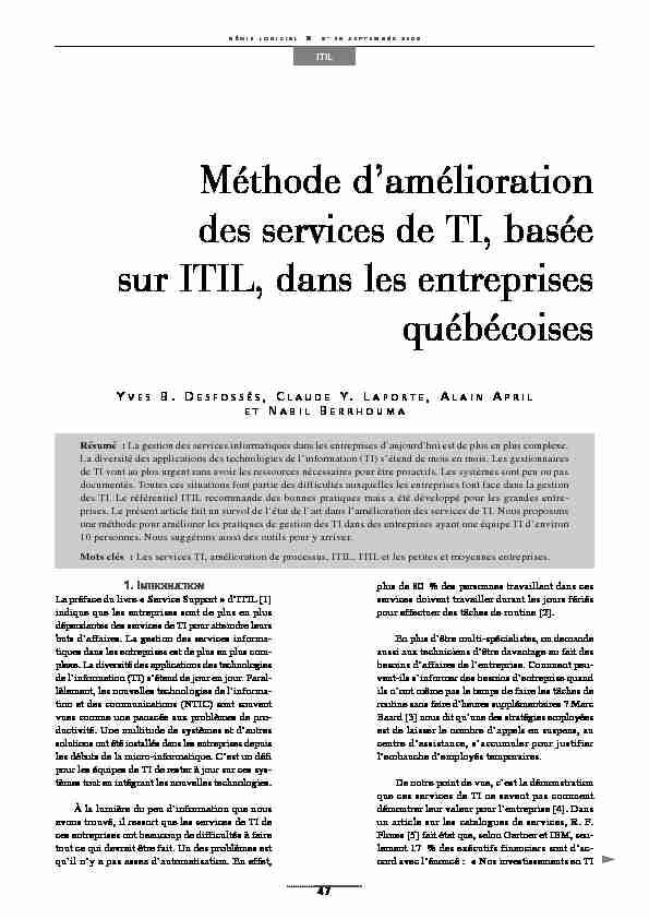 [PDF] Méthode damélioration des services de TI, basée sur ITIL, dans les