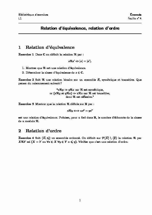 [PDF] Relation déquivalence, relation dordre 1 Relation déquivalence 2