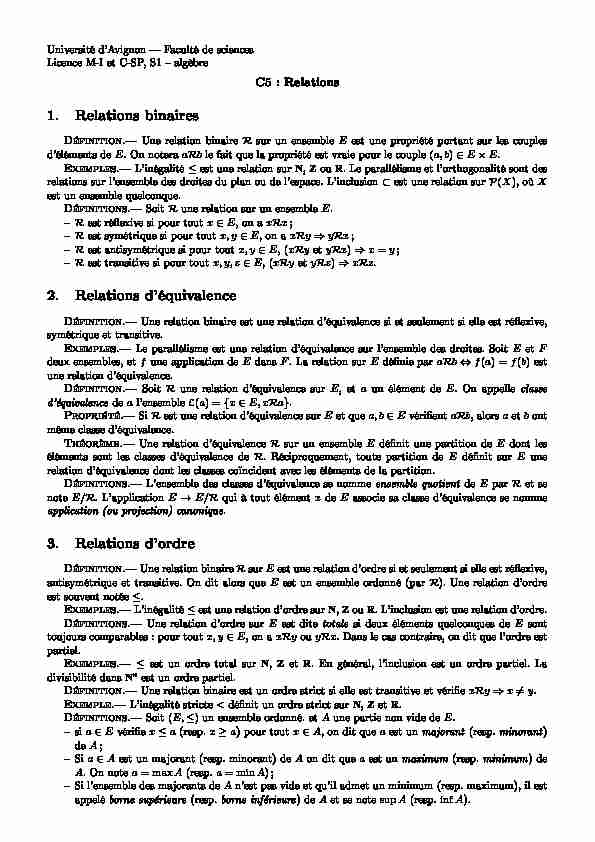 [PDF] 1 Relations binaires 2 Relations déquivalence 3 Relations dordre