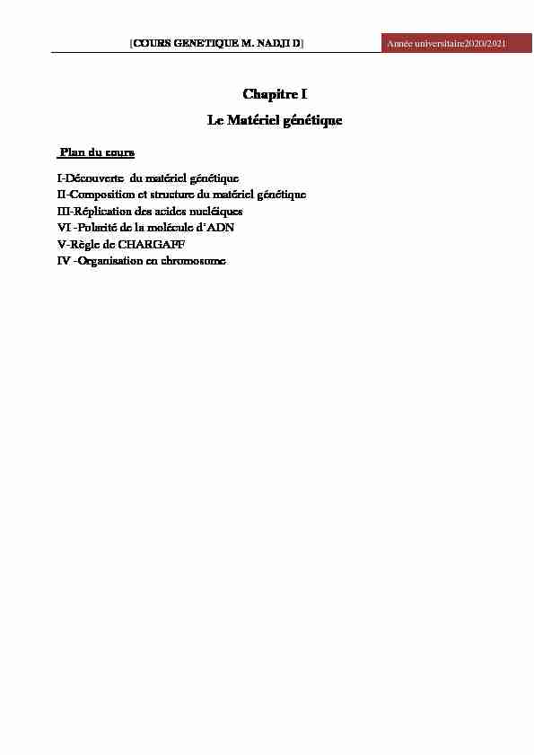 [PDF] Chapitre I Le Matériel génétique
