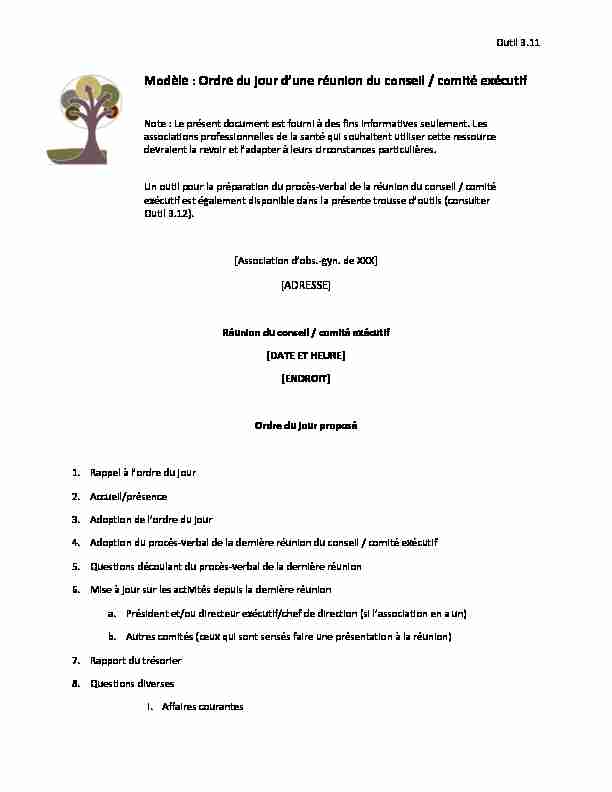 Modèle : Ordre du jour d’une réunion du conseil / comité exécutif