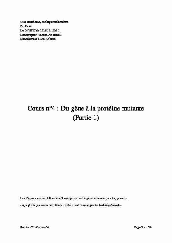 Cours n°4 : Du gène à la protéine mutante (Partie 1)