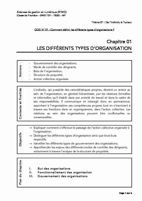 Chapitre 01 LES DIFFÉRENTS TYPES D’ORGANISATION