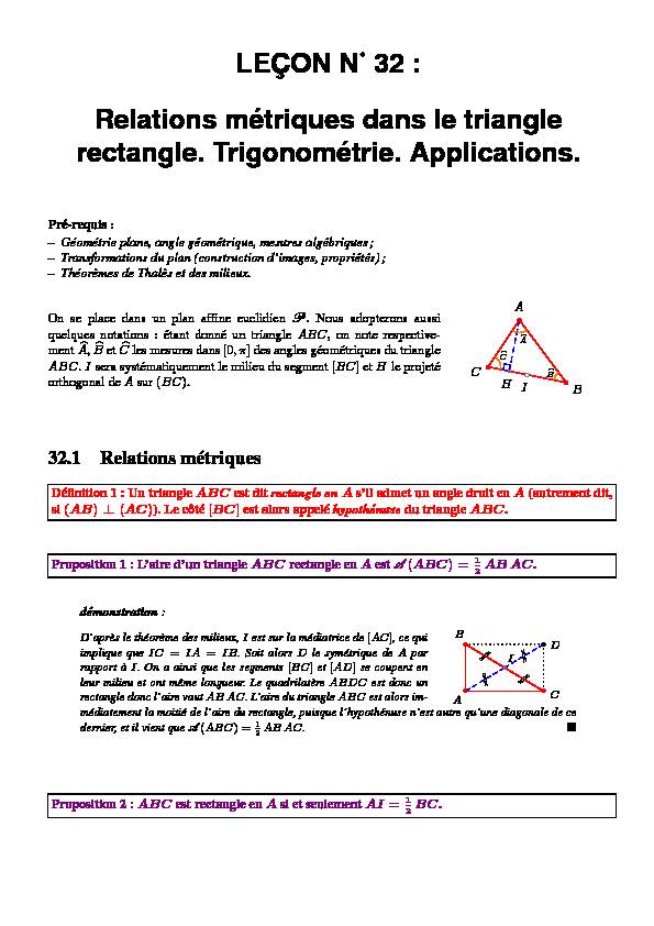 LEÇON N? 32 : Relations métriques dans le triangle rectangle