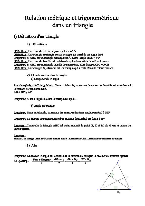 Relation métrique et trigonométrique dans un triangle - Nanopdf