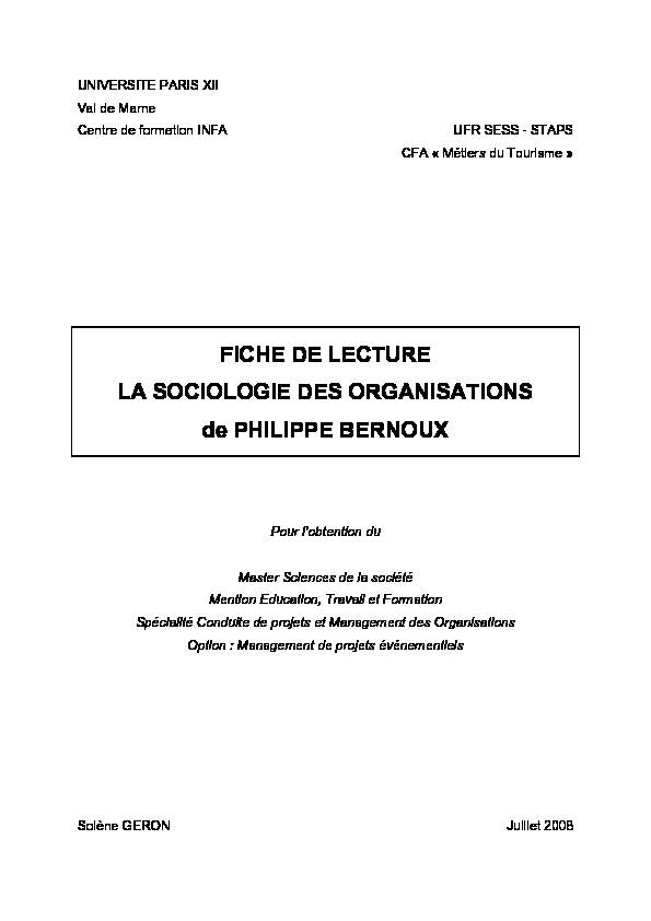 [PDF] FICHE DE LECTURE LA SOCIOLOGIE DES ORGANISATIONS de