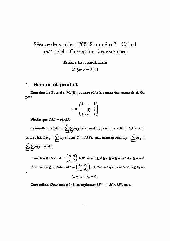 Séance de soutien PCSI2 numéro 7 : Calcul matriciel - Correction
