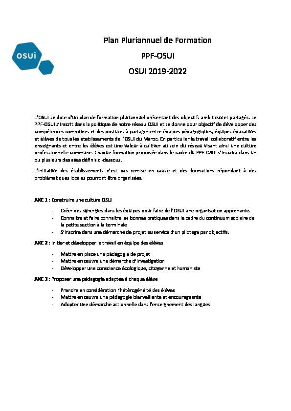 Plan Pluriannuel de Formation PPF-OSUI OSUI 2019-2022