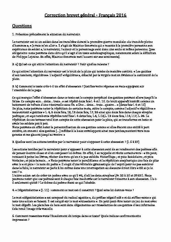 Correction brevet général ? Français 2016 Questions
