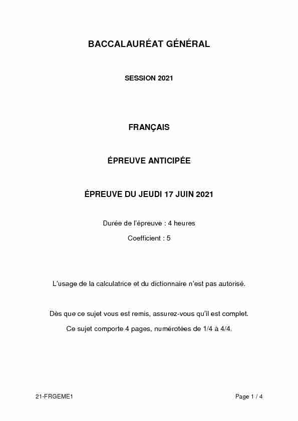 Sujet du bac Français (1ère) 2021 - Métropole-1