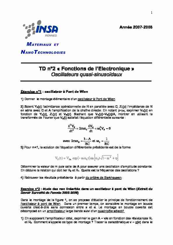 RC TD n°2 « Fonctions de l’Electronique » Oscillateurs quasi