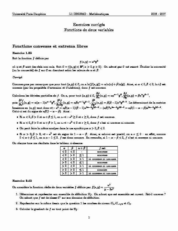 Exercices corrigés Fonctions de deux variables Fonctions convexes