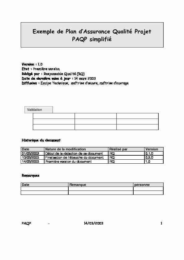 [PDF] Exemple de Plan dAssurance Qualité Projet PAQP simplifié