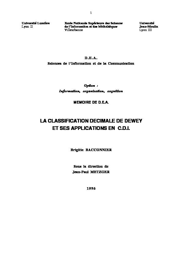 [PDF] LA CLASSIFICATION DECIMALE DE DEWEY ET SES  - Enssib