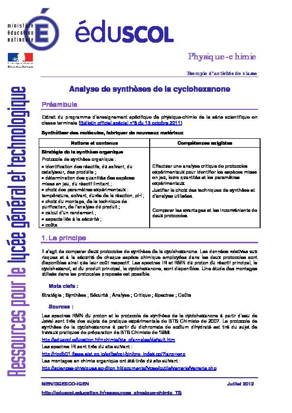 [PDF] Analyse de synthèses de la cyclohexanone