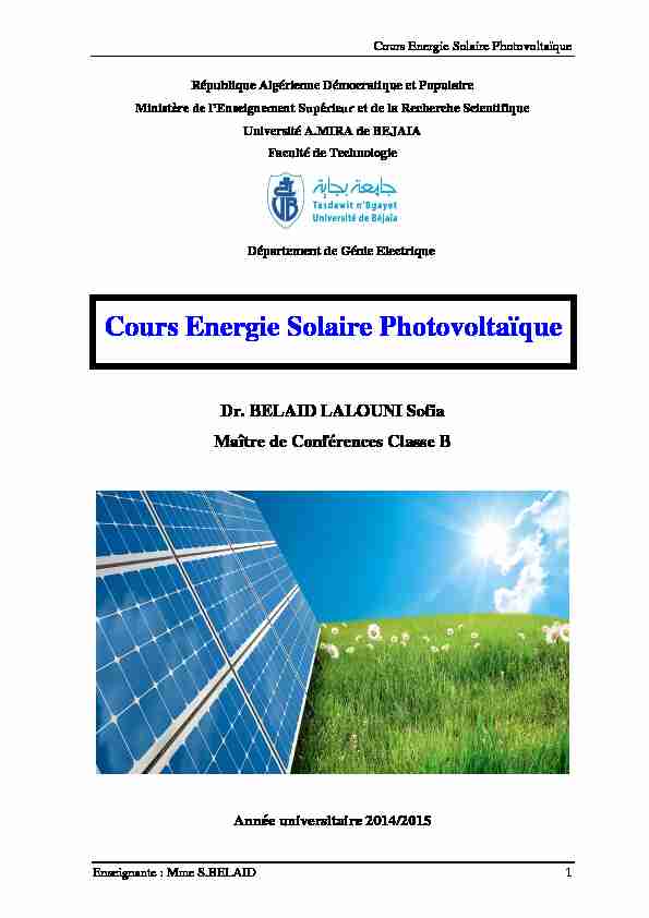 Notions de base sur l’énergie solaire photovoltaïque I- Présentation