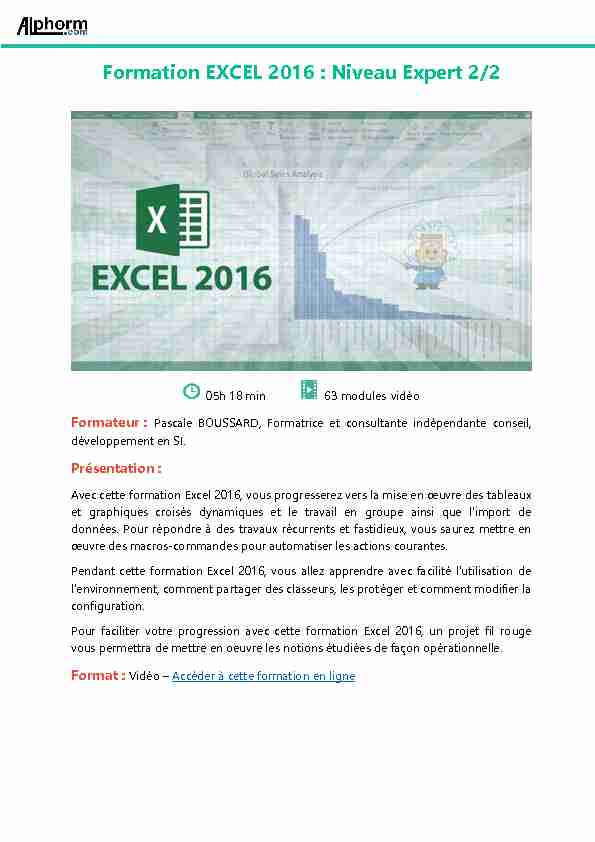 Formation EXCEL 2016 : Niveau Expert 2/2