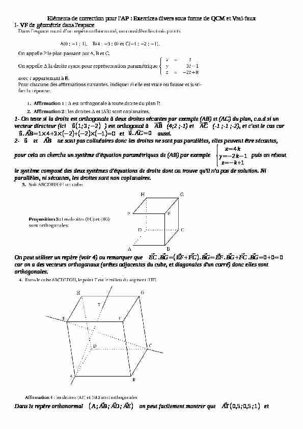 [PDF] Exercices divers sous forme de QCM et Vrai-faux I- VF de géométrie