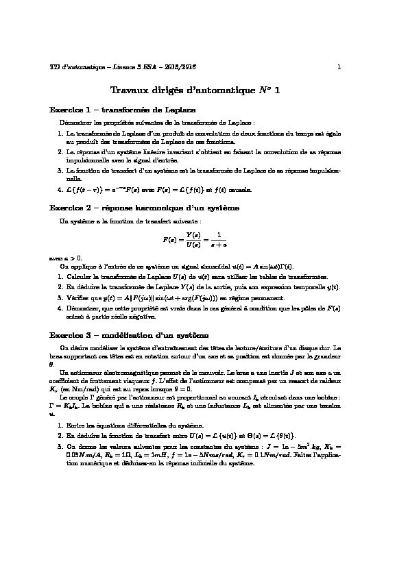 [PDF] Travaux dirigés dautomatique No 1