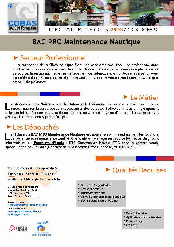 BAC PRO Maintenance Nautique Secteur Professionnel Les