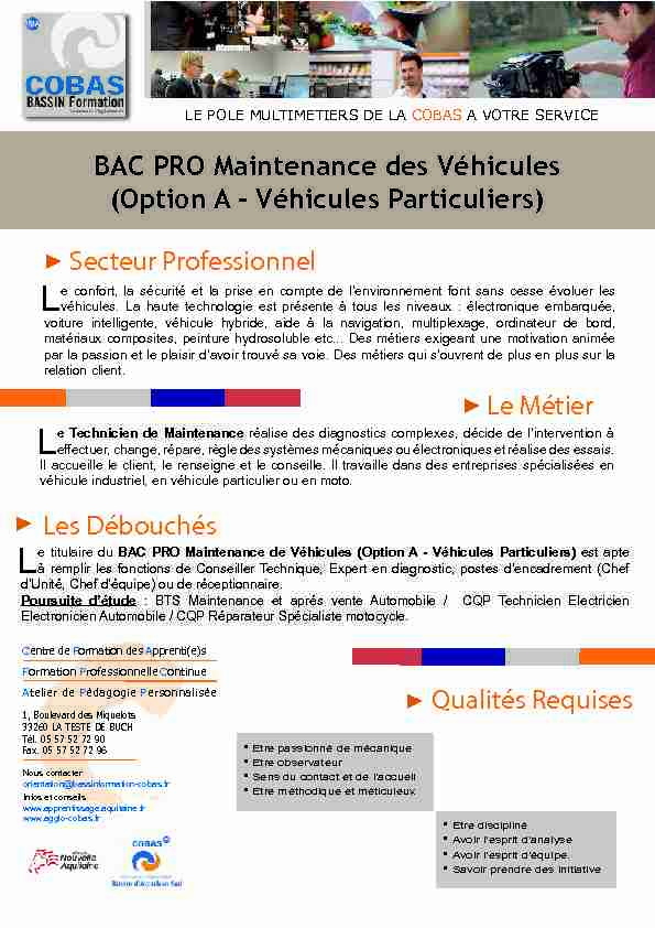 BAC PRO Maintenance des Véhicules (Option A - Véhicules