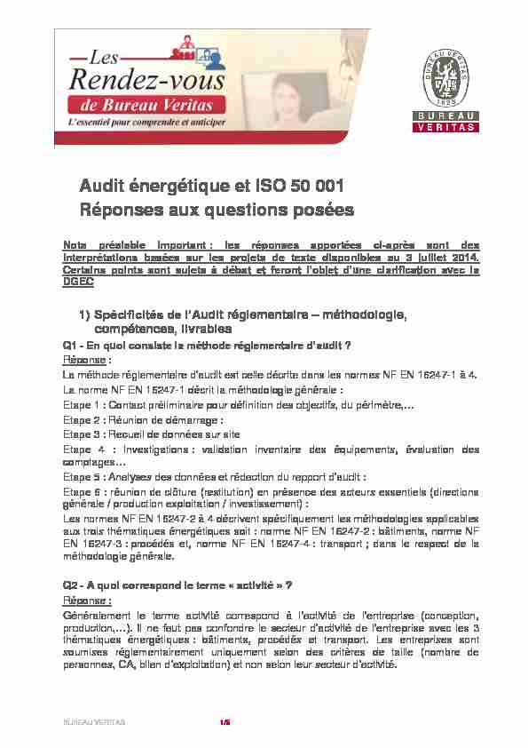 Audit énergétique et ISO 50 001 Réponses aux questions posées