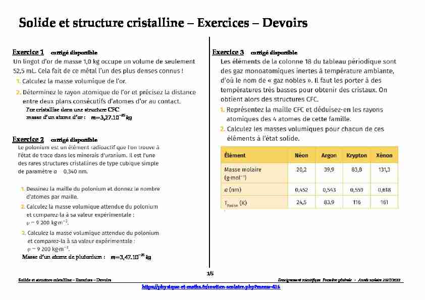 Solide et structure cristalline – Exercices – Devoirs