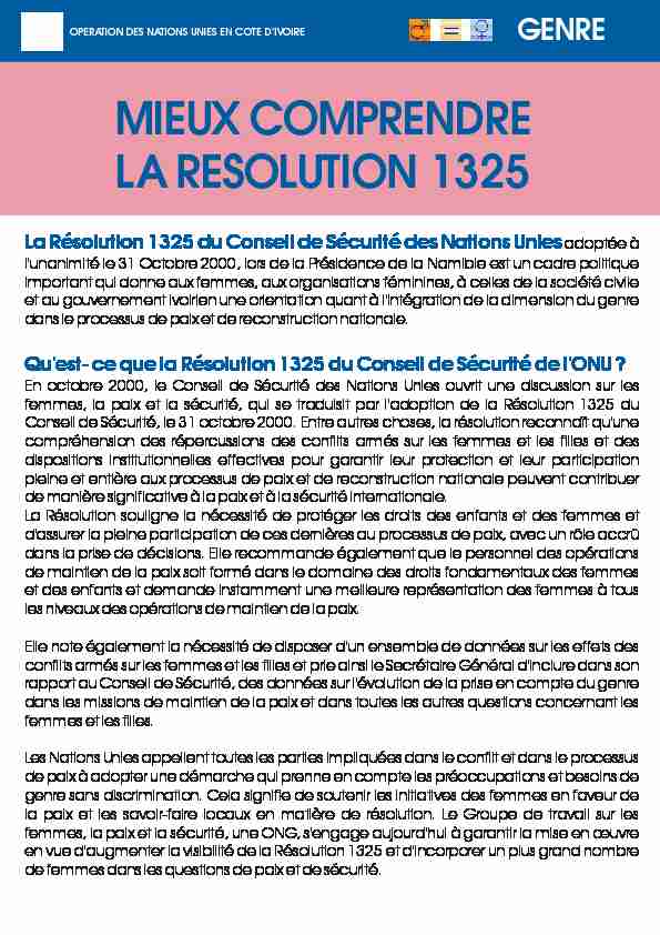 MIEUX COMPRENDRE LA RESOLUTION 1325 - ONUCI