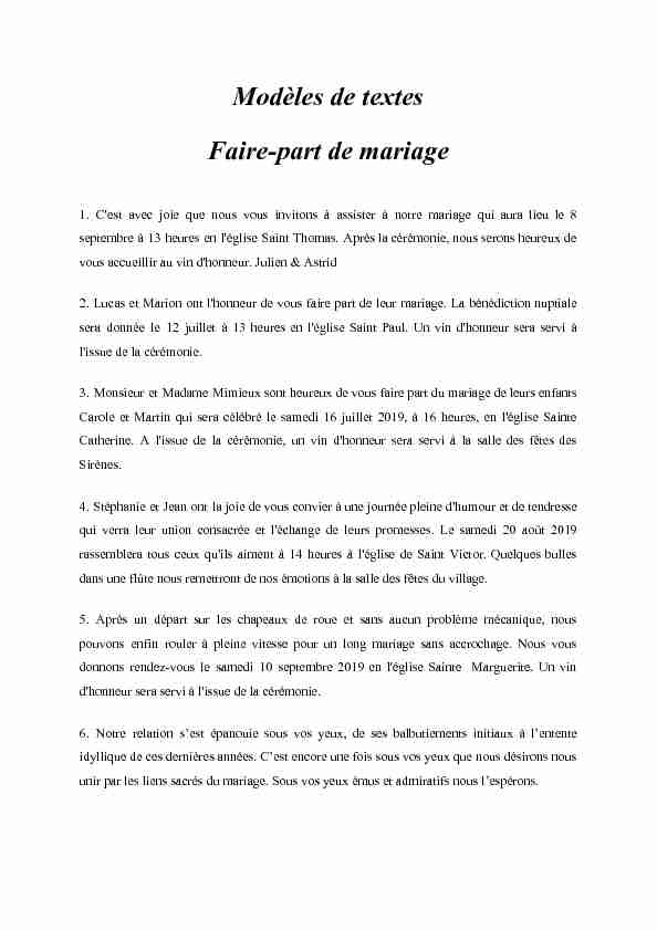 [PDF] Modèles de textes Fairepart de mariage - Popcarte