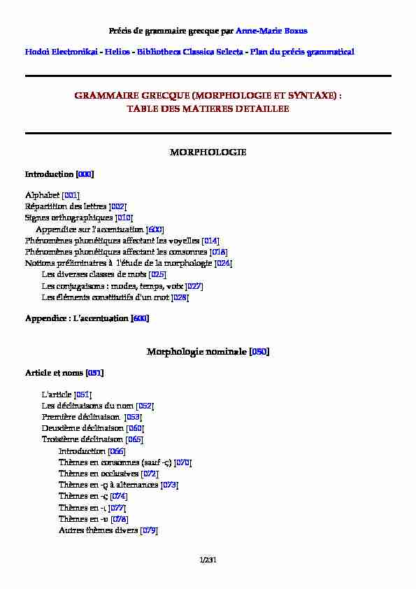grammaire grecque (morphologie et syntaxe) : table des matieres