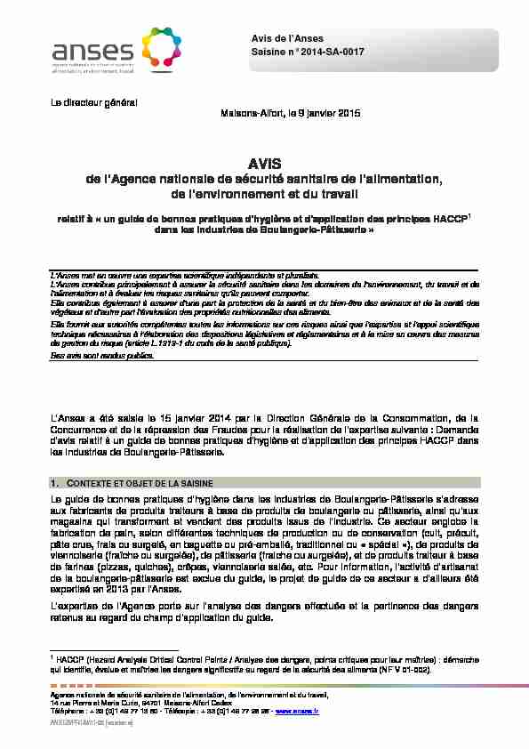 [PDF] de lAgence nationale de sécurité sanitaire de lalimentation  - Anses
