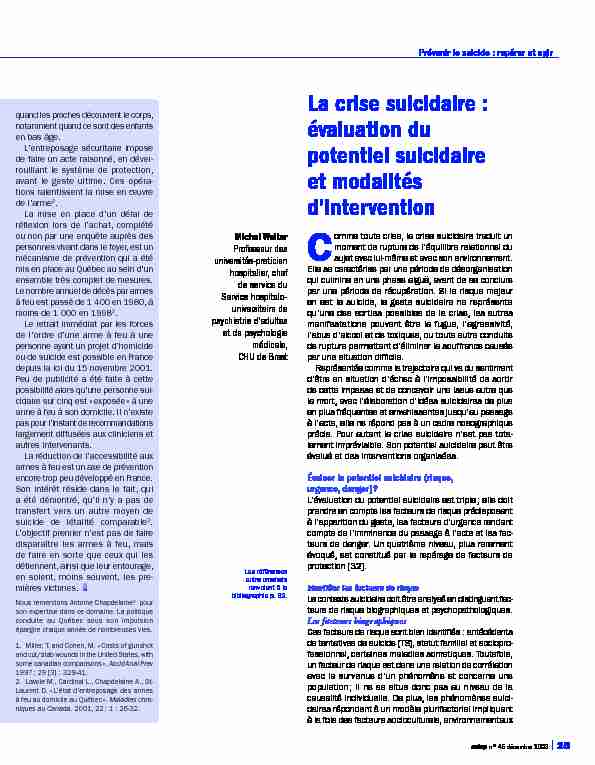 [PDF] La crise suicidaire : évaluation du potentiel suicidaire et modalités d