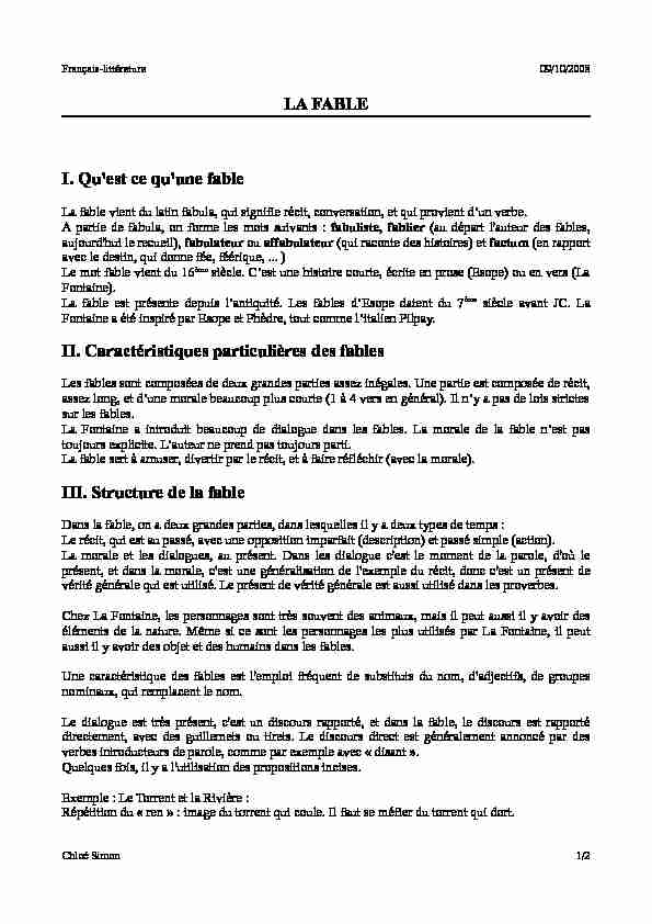 [PDF] LA FABLE I Quest ce quune fable II Caractéristiques particulières