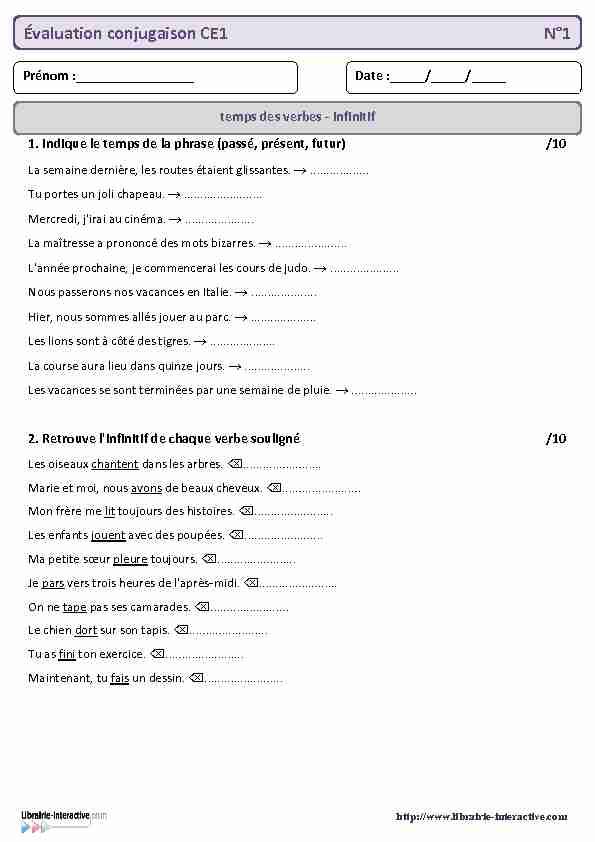 évaluation bilan conjugaison CE1 - Librairie-Interactive