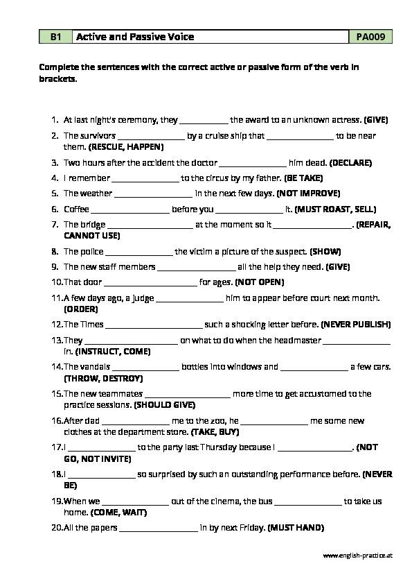 Active and Passive Voice - PDF Grammar Worksheet - B1 - PA009